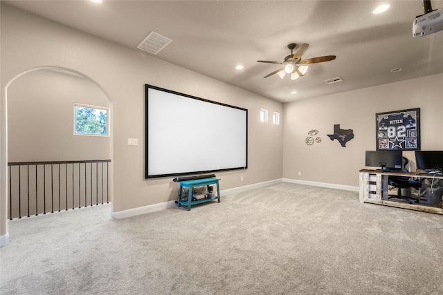 carpeted cinema room featuring recessed lighting, visible vents, and baseboards