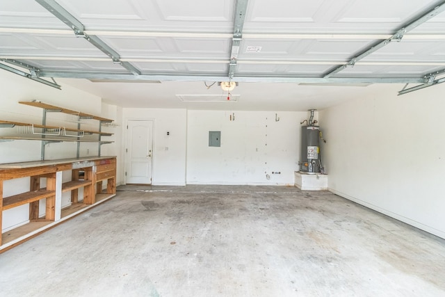 garage featuring electric panel and water heater