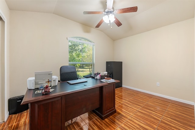 home office featuring ceiling fan and lofted ceiling