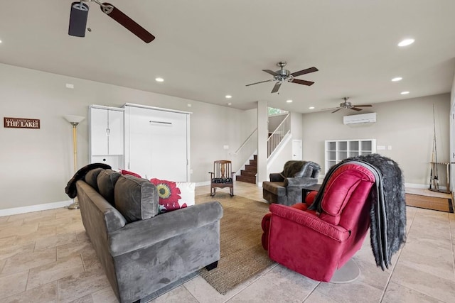 living room with a wall mounted AC and ceiling fan