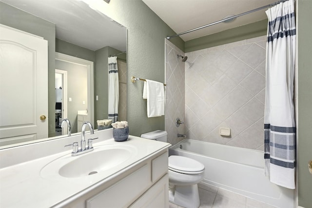 full bathroom featuring tile patterned flooring, shower / tub combo, vanity, and toilet