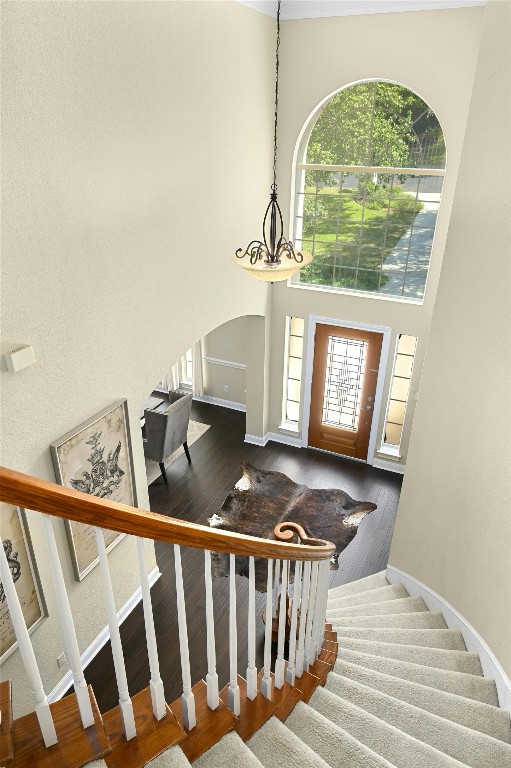 entryway featuring dark wood-type flooring, a high ceiling, and an inviting chandelier