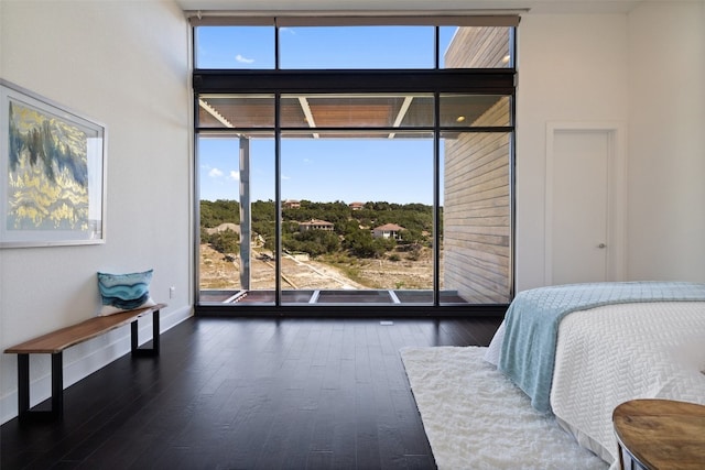 bedroom with dark hardwood / wood-style flooring and multiple windows