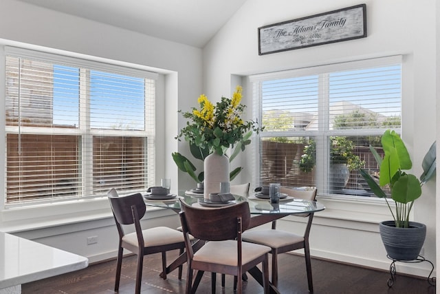 dining space with baseboards, vaulted ceiling, and dark wood-type flooring