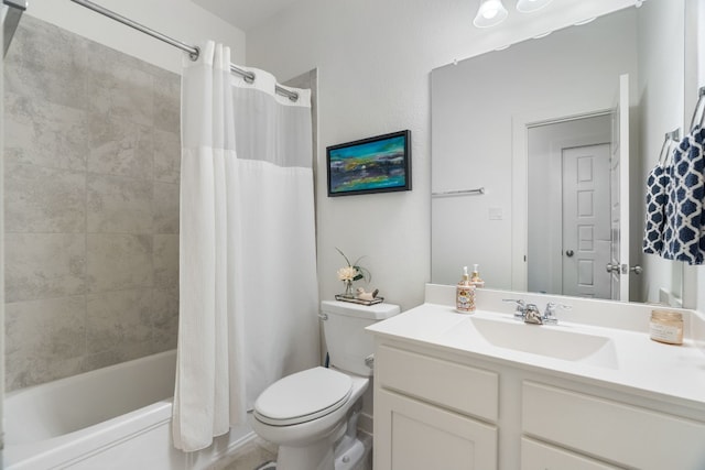 full bathroom with shower / bathtub combination with curtain, vanity, and toilet