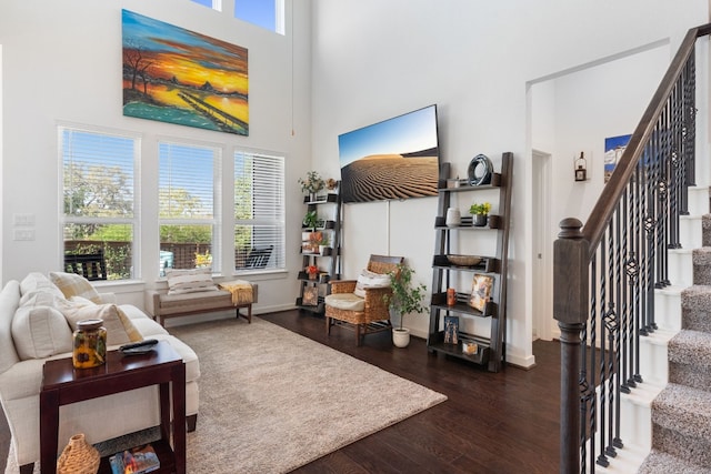 living room with dark hardwood / wood-style flooring and a high ceiling