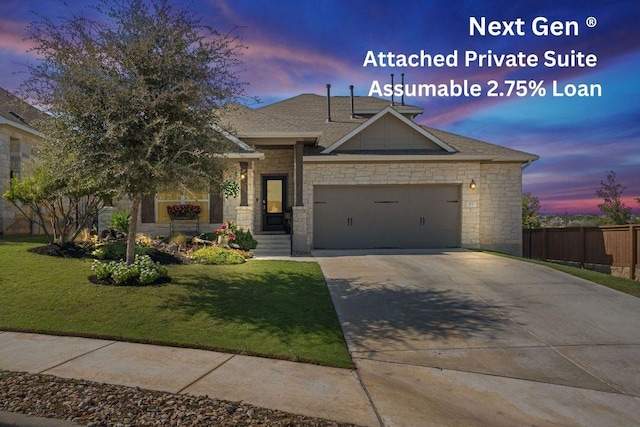 craftsman-style house with driveway, a garage, a shingled roof, a lawn, and fence