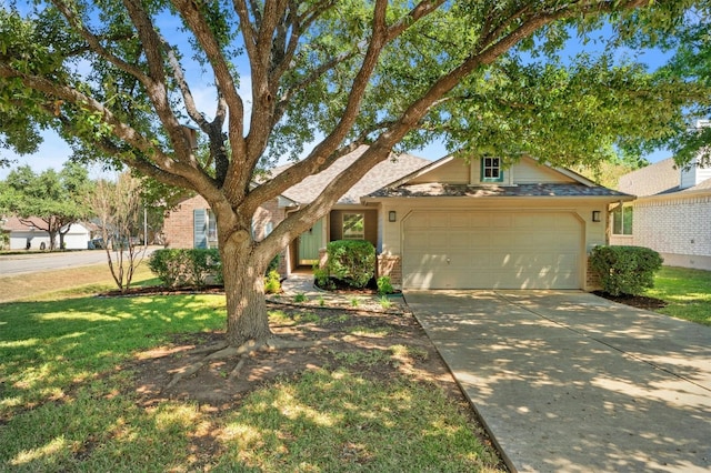 single story home featuring a garage, driveway, and a front lawn