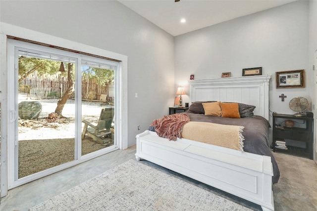 bedroom featuring access to outside and high vaulted ceiling