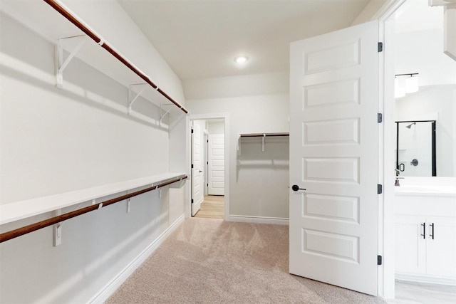 walk in closet with light carpet