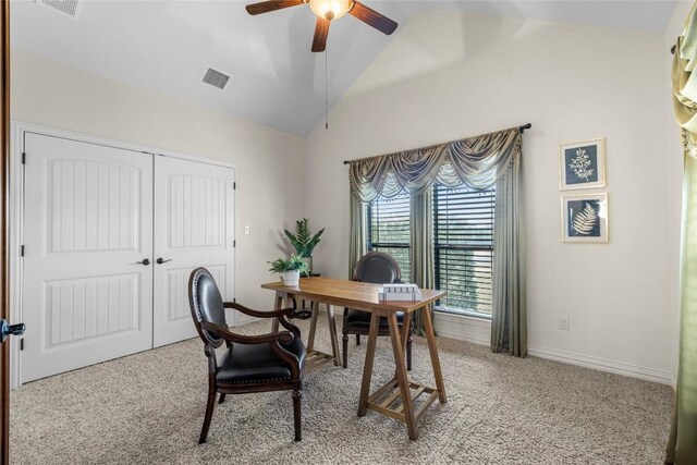 504 Pheasant Mdw, Liberty Hill, TX 78642 - office with vaulted ceiling, light colored carpet, ceiling fan, and baseboards