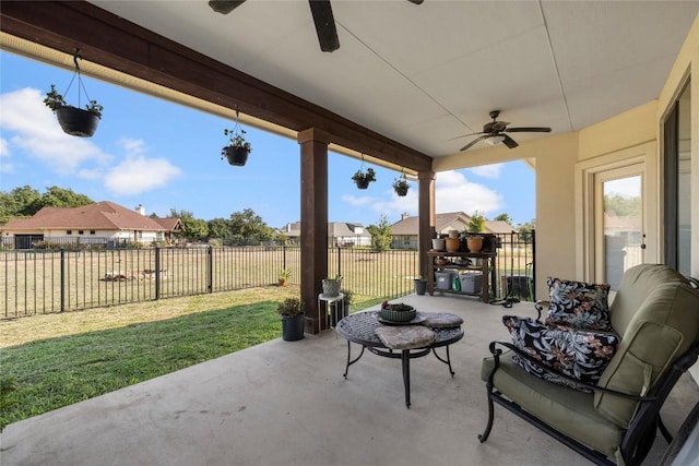 504 Pheasant Mdw, Liberty Hill, TX 78642 - view of patio with ceiling fan, a residential view, and an outdoor living space
