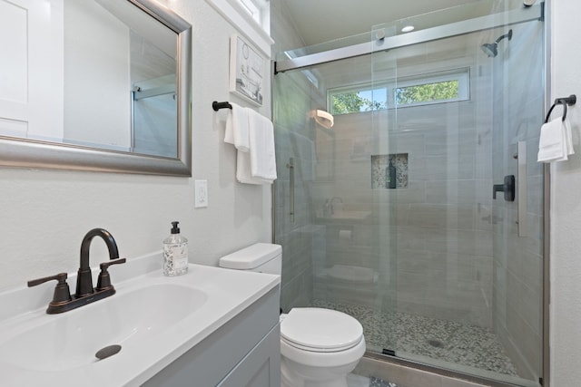 bathroom featuring vanity, a shower with shower door, and toilet