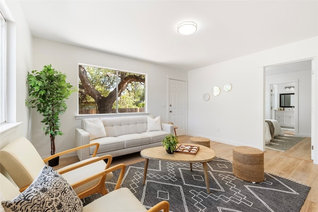 living room with wood finished floors and baseboards