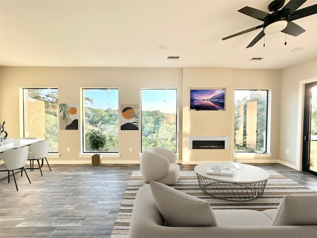 living room featuring ceiling fan and wood-type flooring