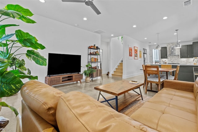 living room with ceiling fan