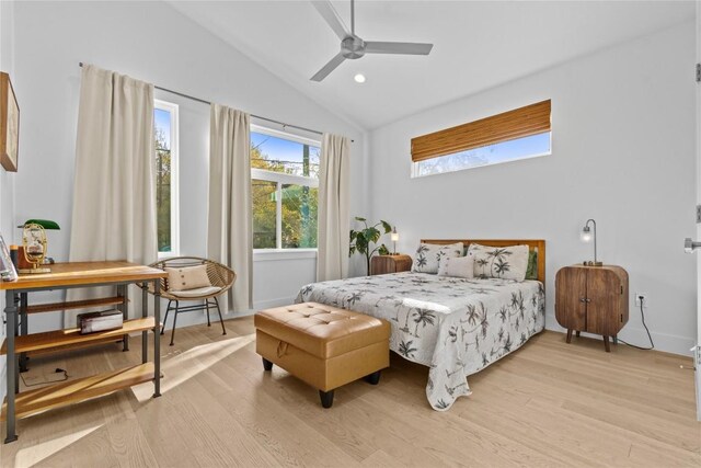 bedroom with recessed lighting, light wood-type flooring, baseboards, and high vaulted ceiling