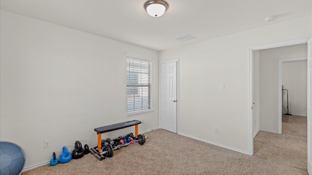 exercise room featuring light carpet