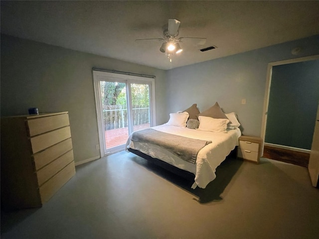 bedroom featuring ceiling fan and access to exterior