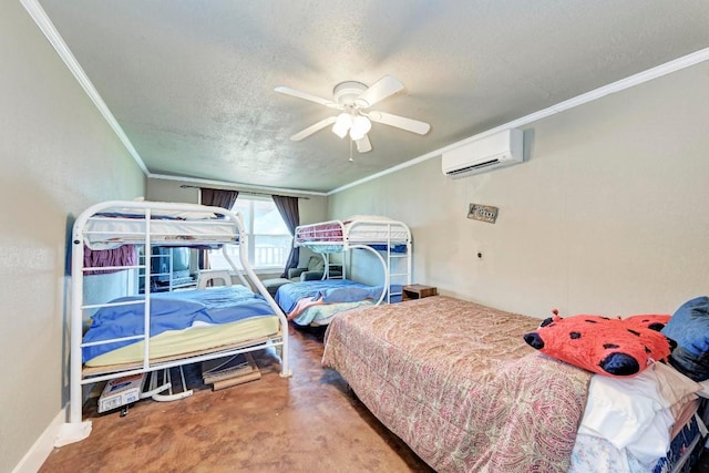 616 Sandy Harbor St, Horseshoe Bay, TX 78657 - bedroom with a ceiling fan, a wall mounted AC, a textured ceiling, and crown molding