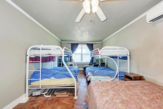 616 Sandy Harbor St, Horseshoe Bay, TX 78657 - bedroom featuring a wall mounted air conditioner, ceiling fan, baseboards, and ornamental molding