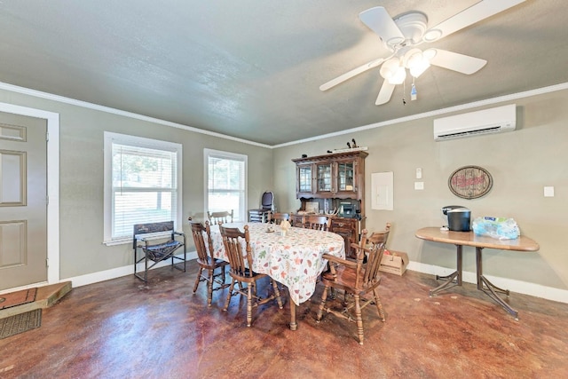 dining space featuring ceiling fan, ornamental molding, and an AC wall unit