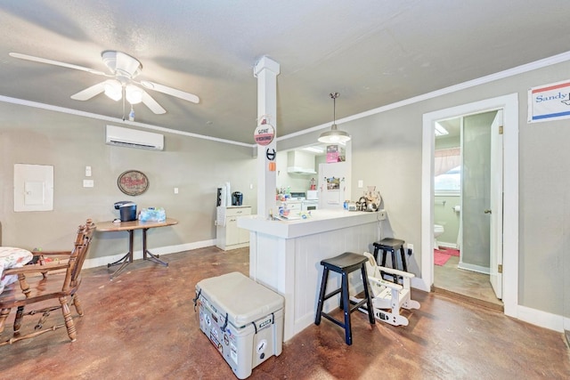 kitchen featuring ceiling fan, a breakfast bar, an AC wall unit, kitchen peninsula, and white cabinetry