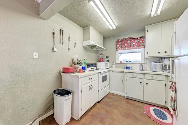 kitchen featuring a textured ceiling, wall chimney range hood, white appliances, and white cabinetry