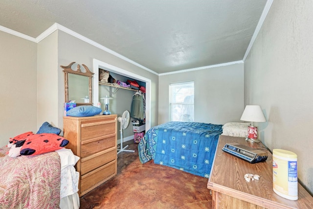 carpeted bedroom with crown molding and a closet