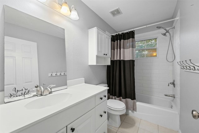 full bathroom featuring shower / bath combination with curtain, vanity, tile patterned flooring, and toilet