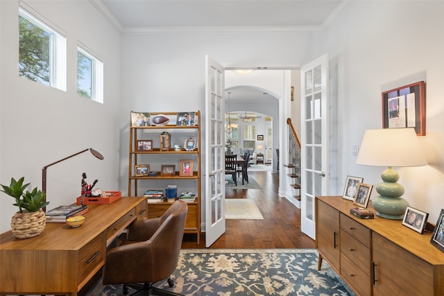 office area featuring ornamental molding, french doors, and dark hardwood / wood-style floors