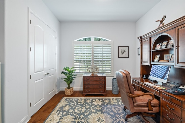 office with dark hardwood / wood-style flooring