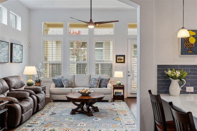 living room with ceiling fan and hardwood / wood-style floors