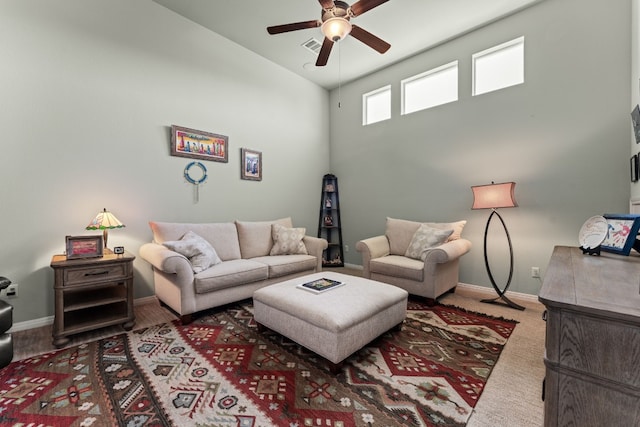 214 Darwins Way, Lakeway, TX 78734 - living area with ceiling fan and a towering ceiling