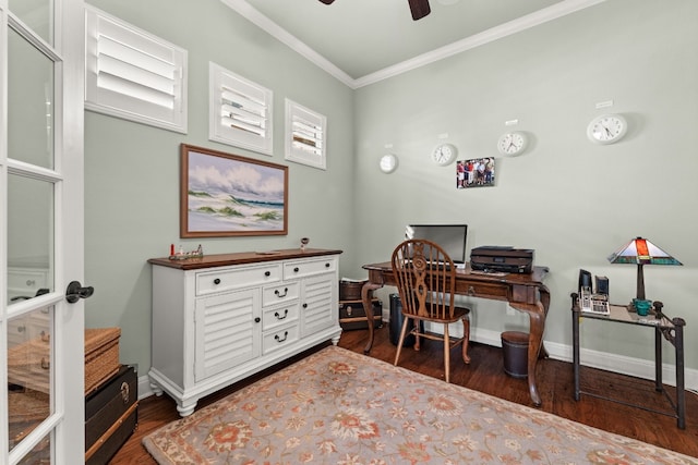 office featuring ornamental molding, ceiling fan, and dark wood-type flooring