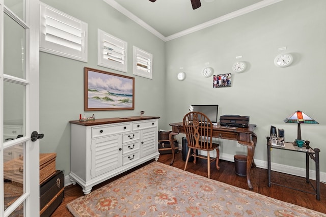 214 Darwins Way, Lakeway, TX 78734 - home office featuring dark wood-type flooring, crown molding, and ceiling fan