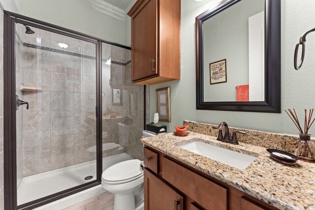 bathroom featuring vanity, toilet, and an enclosed shower