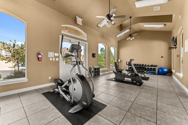 214 Darwins Way, Lakeway, TX 78734 - workout area featuring ceiling fan, tile patterned floors, and high vaulted ceiling