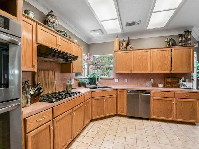 kitchen featuring appliances with stainless steel finishes, crown molding, sink, and tasteful backsplash