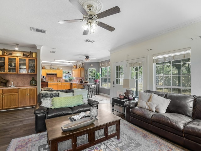 living room featuring ceiling fan, wood-type flooring, crown molding, french doors, and a textured ceiling