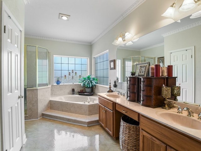 bathroom featuring vanity, shower with separate bathtub, and ornamental molding