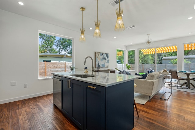 kitchen with a healthy amount of sunlight, dark wood-type flooring, sink, and dishwasher