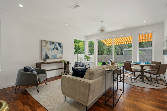 living room featuring dark wood-type flooring