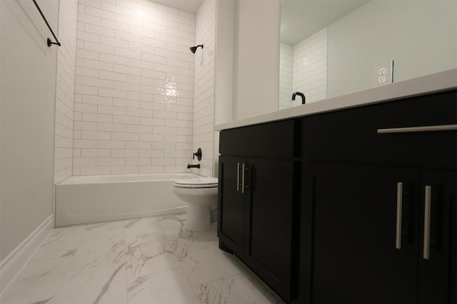 full bathroom with vanity, baseboards, bathtub / shower combination, toilet, and marble finish floor