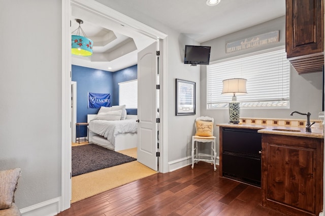 bedroom with dark hardwood / wood-style flooring, a tray ceiling, and sink