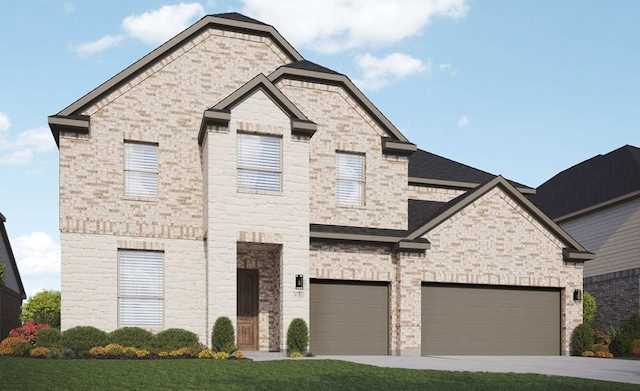 french provincial home with a garage, driveway, and brick siding