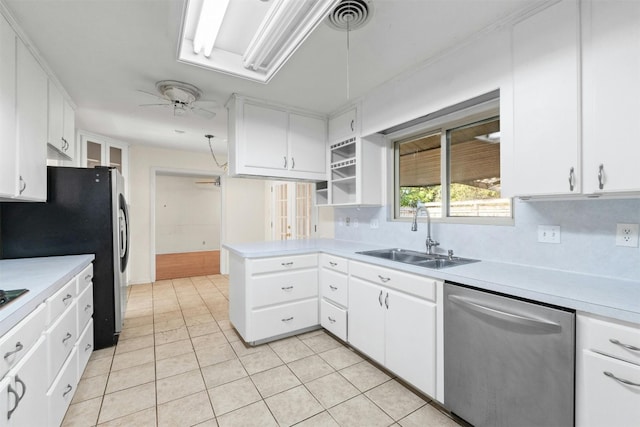 kitchen featuring white cabinets, sink, ceiling fan, appliances with stainless steel finishes, and tasteful backsplash