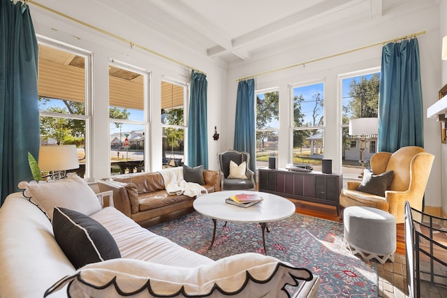 sunroom with beamed ceiling and coffered ceiling