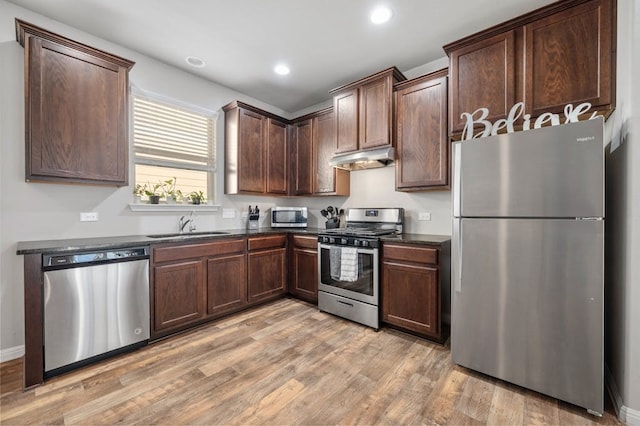 kitchen with appliances with stainless steel finishes, dark brown cabinetry, sink, and light hardwood / wood-style flooring