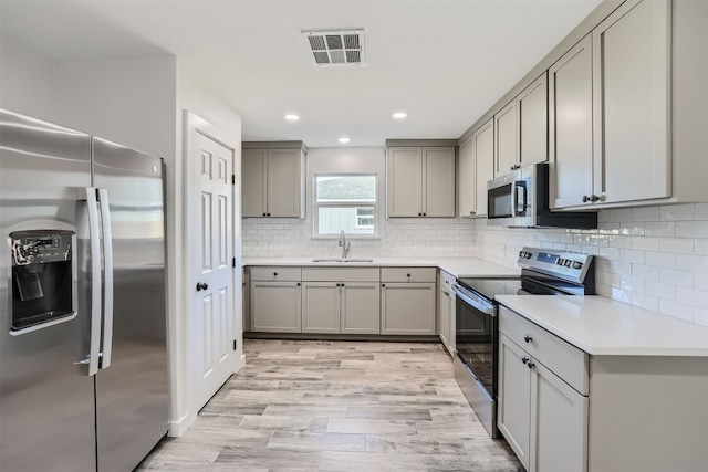 kitchen featuring sink, backsplash, gray cabinets, appliances with stainless steel finishes, and light wood-type flooring